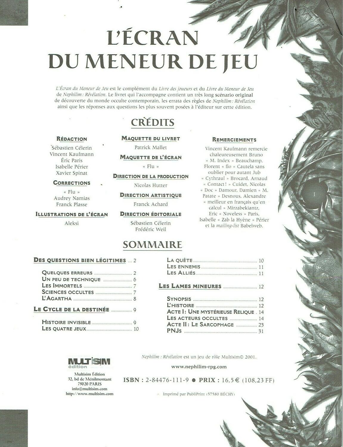 Nephilim: Révélation - Écran du Meneur de Jeu Page