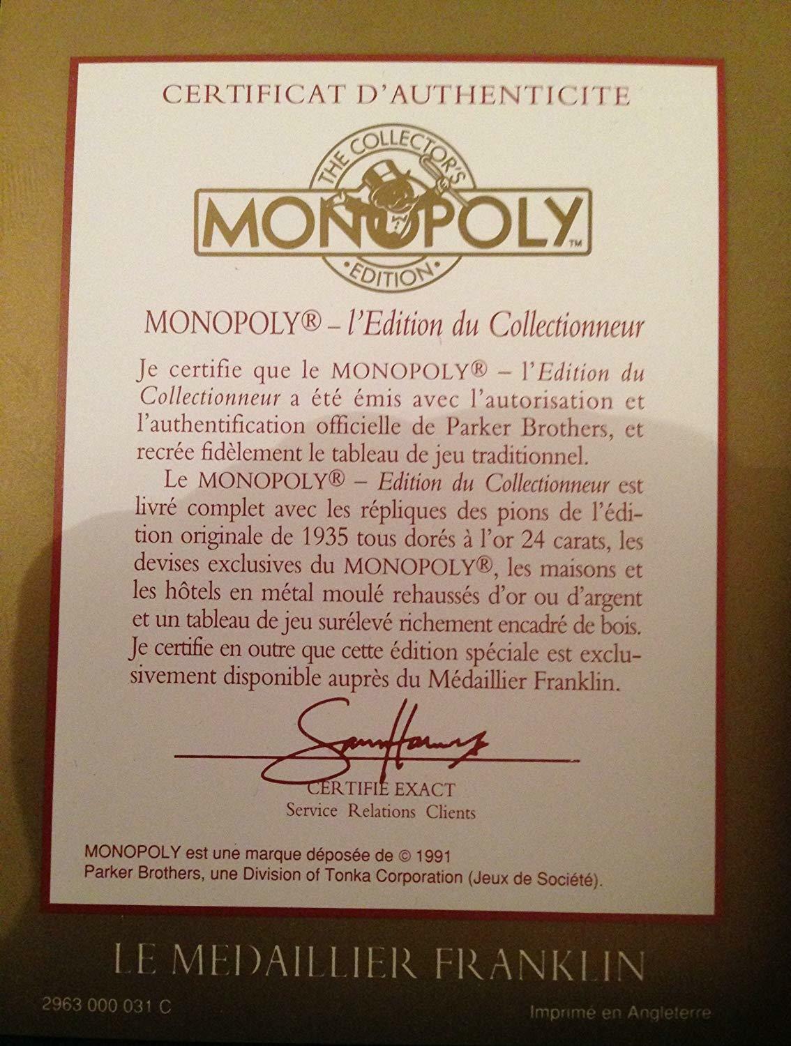 Monopoly: Édition du Collectionneur Certificat